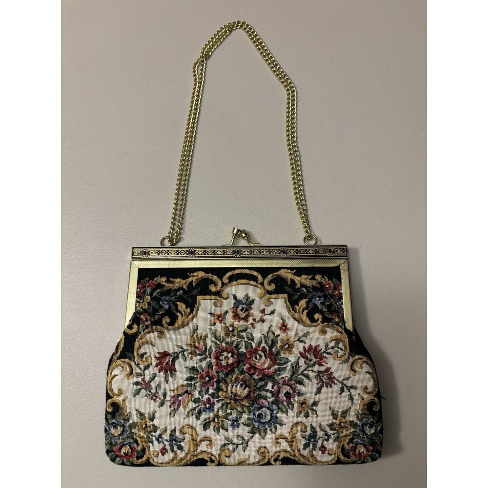 Vintage Tapestry Evening Bag Purse – Floral Needlepoint w Gold Chain & Kiss Lock